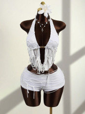 Solid Color Halterneck Backless Top Short Suit GXIY-K26L2399