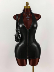 Deep V Neck Zipper Mini Dress GXIY-K25L1345