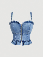 Casual Zipper Denim Sling Tops GYXN-37131
