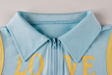 Letter Print Zipper Lapel Two Piece Shorts Set YWXS-K26L2408