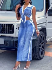 Plus Size Print Sleeveless V Neck Two Piece Skirts Set GAWE-6632