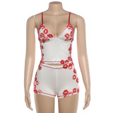 Lips Print Sling Tight Two Piece Short Set GZJQ-K6S06633A