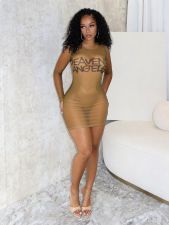 Letter Print Mesh See Through Mini Dress YWXS-K26L2343