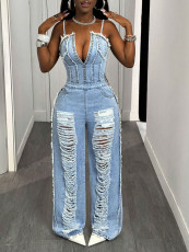 Fashion Denim Holes Sling Jumpsuit GYXN-16163