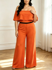 Plus Size Off Shoulder Ruffles Solid Loose Pants Suit GAWE-6753