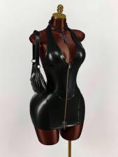 Deep V Neck Zipper Mini Dress GXIY-K25L1345