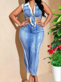 Plus Size Print Sleeveless V Neck Two Piece Skirts Set GAWE-6632