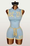 Letter Print Zipper Lapel Two Piece Shorts Set YWXS-K26L2408