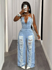 Fashion Denim Holes Sling Jumpsuit GYXN-16163