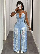 Fashion Denim Holes Sling Jumpsuit GYXN-16163