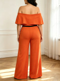 Plus Size Off Shoulder Ruffles Solid Loose Pants Suit GAWE-6753