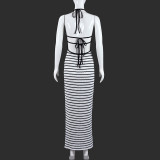 Stripe Halterneck Backless Midi Dress GFRT-42111DBG