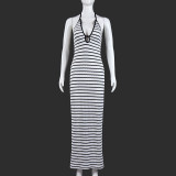 Stripe Halterneck Backless Midi Dress GFRT-42111DBG