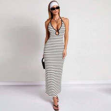 Stripe Halterneck Backless Midi Dress GFRT-42111DBG