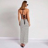 Stripe Halterneck Backless Midi Dress GFRT-42111DBG