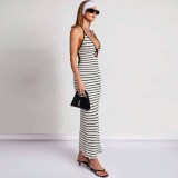 Stripe Halterneck Backless Midi Dress GFRT-42111DBG