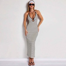 Stripe Halterneck Backless Midi Dress GFRT-42111DBG