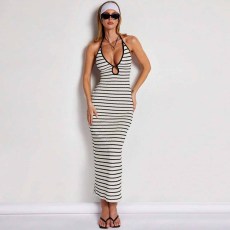 Stripe Halterneck Backless Midi Dress GFRT-42111DBG