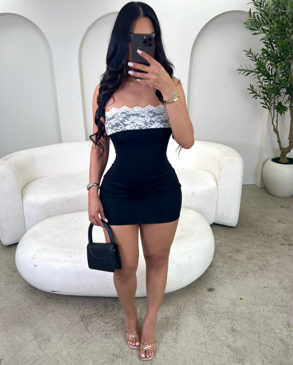 Contrast Color Lace Patchwork Mini Dress YWXS-K25L1833