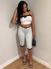 Print Bow Tie Camisole Top+Lace Fifth Pants Suit CH-26020