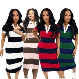 Color Blcok Short Sleeve Slim Midi Dress BMF-873