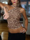 Leopard Print Slash Shoulder Mesh Tops YWXS-K25L1839