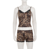 Leopard Print Lace Patchwork Two Piece Short Set GPKJ-MR49217