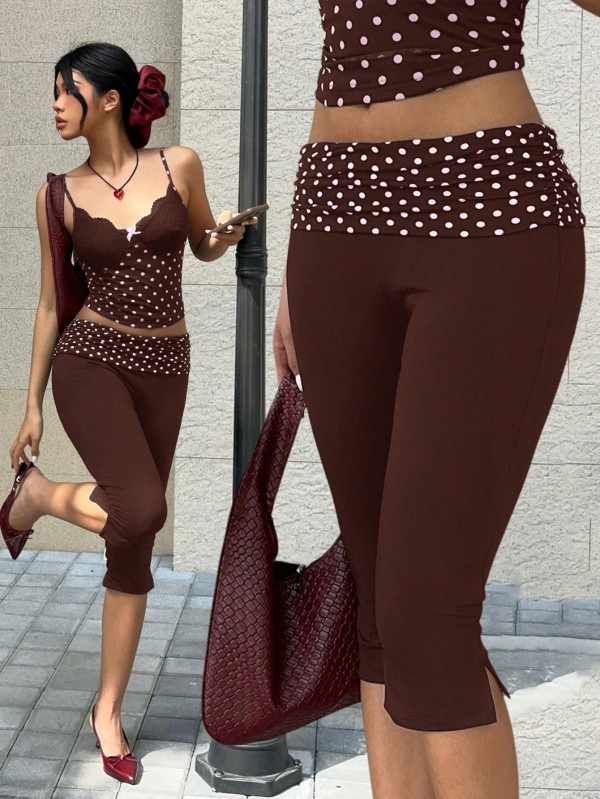 Polka Dots Print Lace Patchwork Two Piece Pants Set YWXS-K26L2215