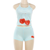 Fashion Print Halterneck Tops Two Piece Shorts Set DLSF-K6S03585A