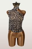 Leopard Print Slash Shoulder Mesh Tops YWXS-K25L1839