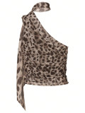 Leopard Print Slash Shoulder Mesh Tops YWXS-K25L1839