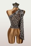 Leopard Print Slash Shoulder Mesh Tops YWXS-K25L1839
