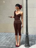 Polka Dots Print Lace Patchwork Two Piece Pants Set YWXS-K26L2215