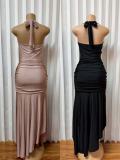 V Neck Halterneck Backless Split Maxi Dress GADE-11348