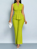 Sleeveless Ruffed Solid Color Two Piece Pants Set QYMF-F179