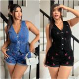 Plus Size Sleeveless Cherry Embroidered Vest Short Denim Suit GMYU-6765