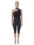 Polka Dots Print Slash Shoulder Two Piece Pants Set SHD-9983