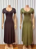 Short Sleeve V Neck Solid Maxi Dress GADE-103581