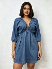 V Neck Puff Sleeve Denim Mini Dress GADE-6756