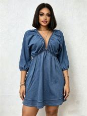 V Neck Puff Sleeve Denim Mini Dress GADE-6756
