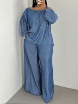 Plus Size Long Sleeve Ruched Two Piece Pants Set QMZF-1103