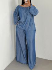 Plus Size Long Sleeve Ruched Two Piece Pants Set QMZF-1103