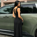 Lace Patchwrok V Neck Tie Up Maxi Dress GPKJ-MR46968