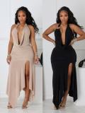V Neck Halterneck Backless Split Maxi Dress GADE-11348