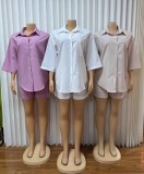 Solid Color 3/4 Sleeve Loose Shirt Shorts Suit GADE-93641
