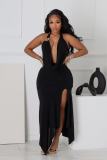 V Neck Halterneck Backless Split Maxi Dress GADE-11348