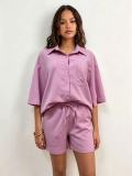Solid Color 3/4 Sleeve Loose Shirt Shorts Suit GADE-93641