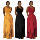 Solid Color Tassel Sleeveless Maxi Dress YF-11017