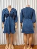 V Neck Puff Sleeve Denim Mini Dress GADE-6756