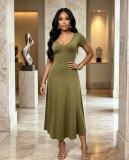Short Sleeve V Neck Solid Maxi Dress GADE-103581